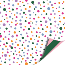 afbeelding van cadeaupapier gestipt met groen, lila, goud, roze en groen, de omslag is roze met goren gestreept.