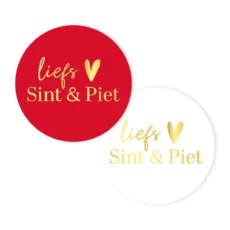 Ronde sticker Liefs Sint en Piet in rood en wit met gouden tekst