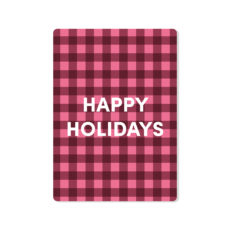 Een bordeauxrode met roze geruite kaart met afgeronde hoeken en de tekst Happy Holidays in het wit