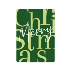 Een groene kaart met afgeronde hoeken en de tekst Christmas in lichtgroen op de achtergrond en Merry in het wit op de voorgrond