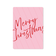 Roze kaart met afgeronde hoeken en diagonale strepen en de tekst Merry Christmas in het rood