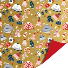 Goud papier met allemaal winterse kleding in het rood, blauw en wit